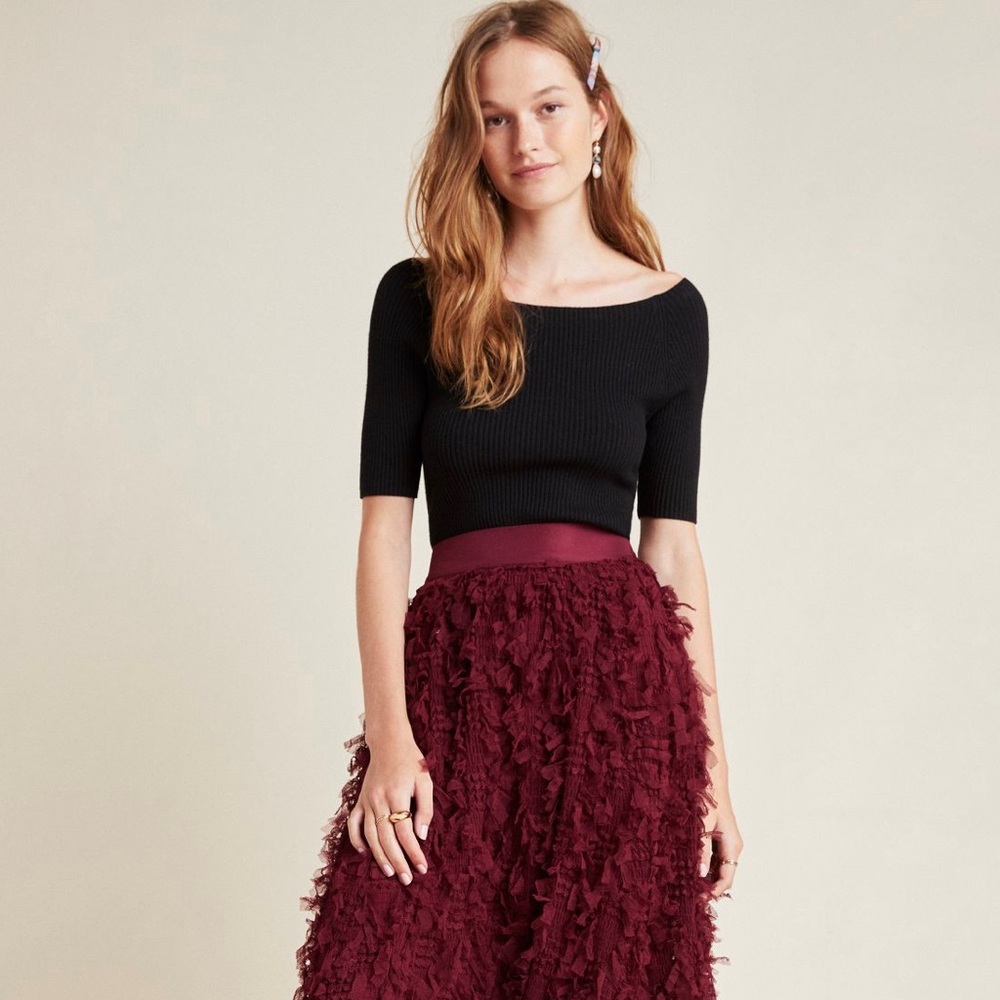 NWT. Rhapsody Textured Maxi Skirt. Maroon.